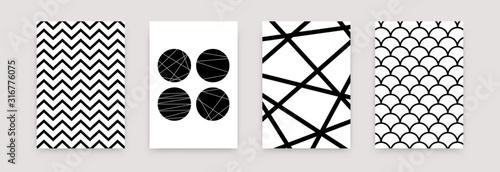 Plakat Zestaw geometryczny streszczenie czarno biały wzór. Wektor skandynawskie minimalistyczne szablony sztuki plakatu. Prosta ilustracja szwajcarski styl tapety, ulotki, baner, wystrój domu