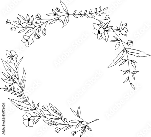 Hand drawn floral wreath with leaves, flowers, berries. Round frame. Creative decorative elements. Perfect for valentines day, stickers, wedding, birthday, save the date invitation.