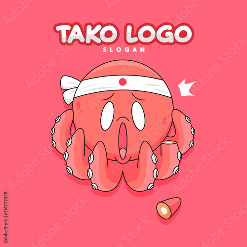 Funny red octopus cartoon logo with surprising face and tentacle cut of.