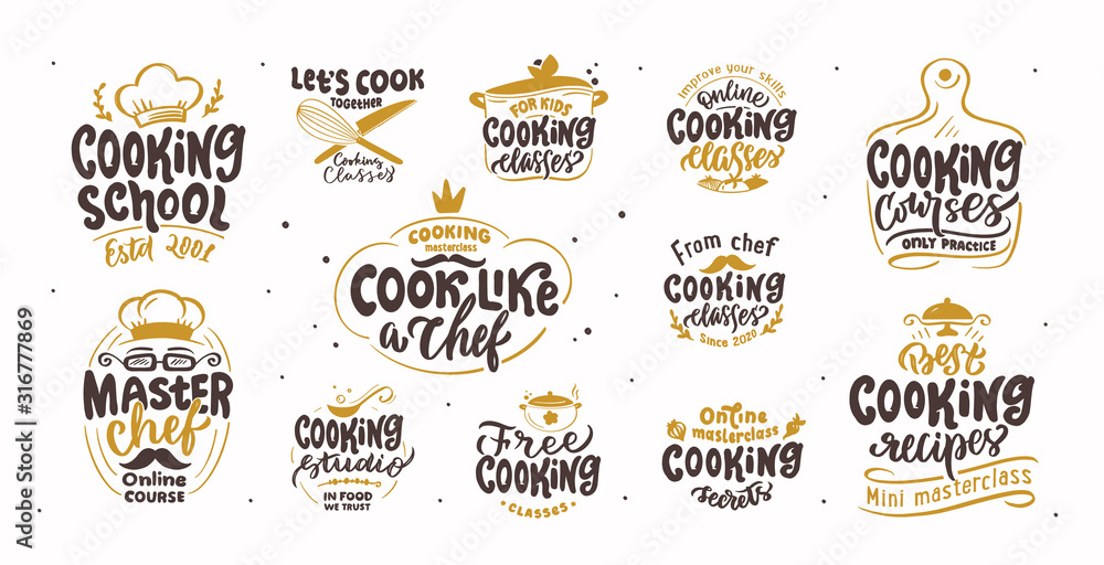 Let's cook, cooking stickers. Set of vintage retro hand drawn badges, labels and logo elements