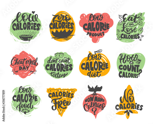 No calories, Zero calories, Low calories product. Set of vintage retro handmade badges