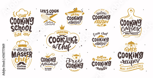 Let's cook, cooking stickers. Set of vintage retro hand drawn badges, labels and logo elements
