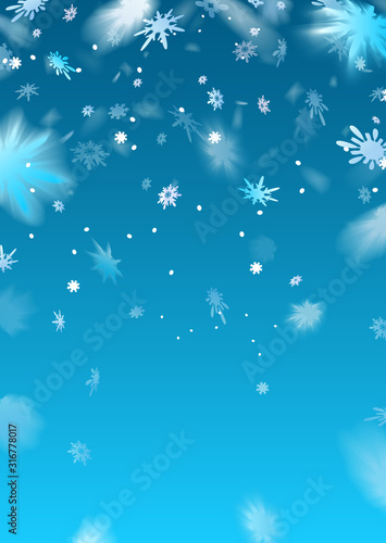 Snowflakes falling flying on blue background.