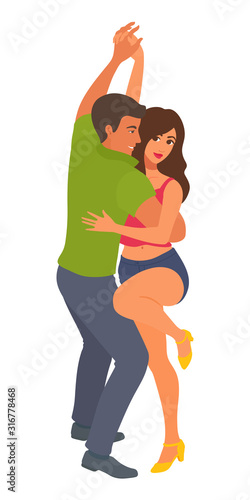 Young adult dancing couple. Sensual social dance. A happy man and a woman hugging, looking into each other's eyes.