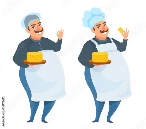 Professional chef cook with a block of cheese on a tray. Showing OK gesture by his hand, smiling.
