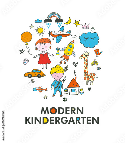 Kindergarten logo and card - vector graphic illustration