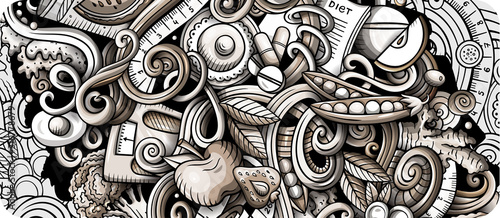 Diet food hand drawn doodle banner. Cartoon detailed flyer.