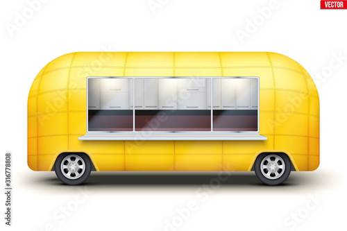 Vintage Yellow Food Truck Vintage Food Truck Trailer. Fast food retro van with window. Editable Vector illustration Isolated on white background.