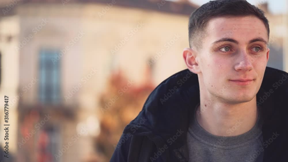 Handsome guy lost in foreign city. Confused facial expression. Copy space. Action. Animation. 4K. Handsome guy lost in foreign city. Confused facial expression. Copy space. Action. Animation. 4K.