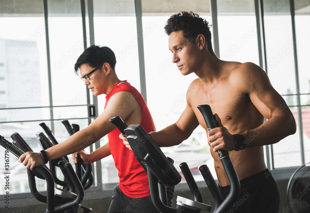 Group of people at the gym exercising on the cross trainer machine. Young fitness men and women doing cardio workout program for beginner. Group of people at the gym exercising on the cross trainer machine. Young fitness men and women doing cardio workout program for beginner.