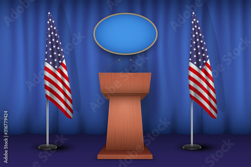 Wooden Podium Speaker Tribune USA White House Interior. Official Speech Place. Politician speaking place with flags of United States of America. Vector Illustration