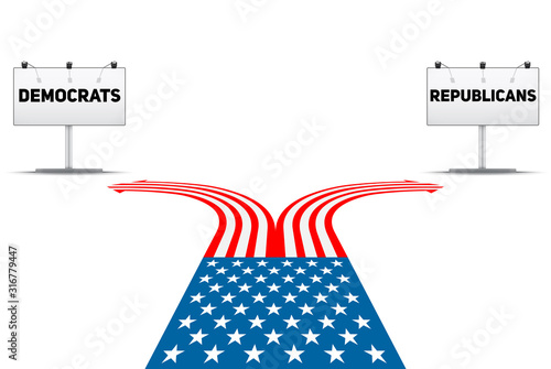 Standing at the crossroad making USA political party choice. Flag in the shape of the road to the Republicans or Democrats. Vector Illustration Isolated on white Background.