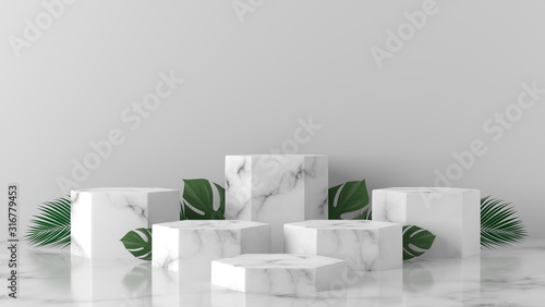 luxury white and monstera, palm leaves Marble Hexagon, cube, square box podium in white background. concept scene stage showcase, product, promotion sale, banner, presentation, cosmetic. 3D rendering photo