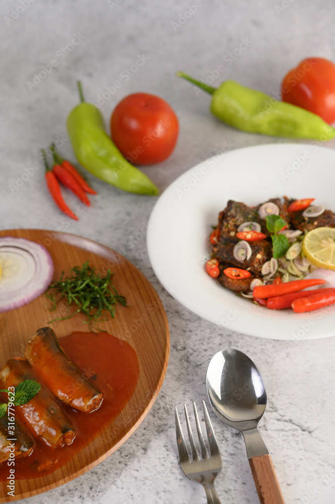 Appetizers with the spicy sardine and in tomato sauce Appetizers with the spicy sardine and in tomato sauce