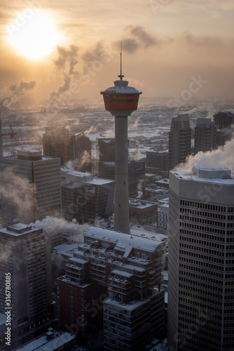 View of the Calgary tower on a freezing winter day.. 