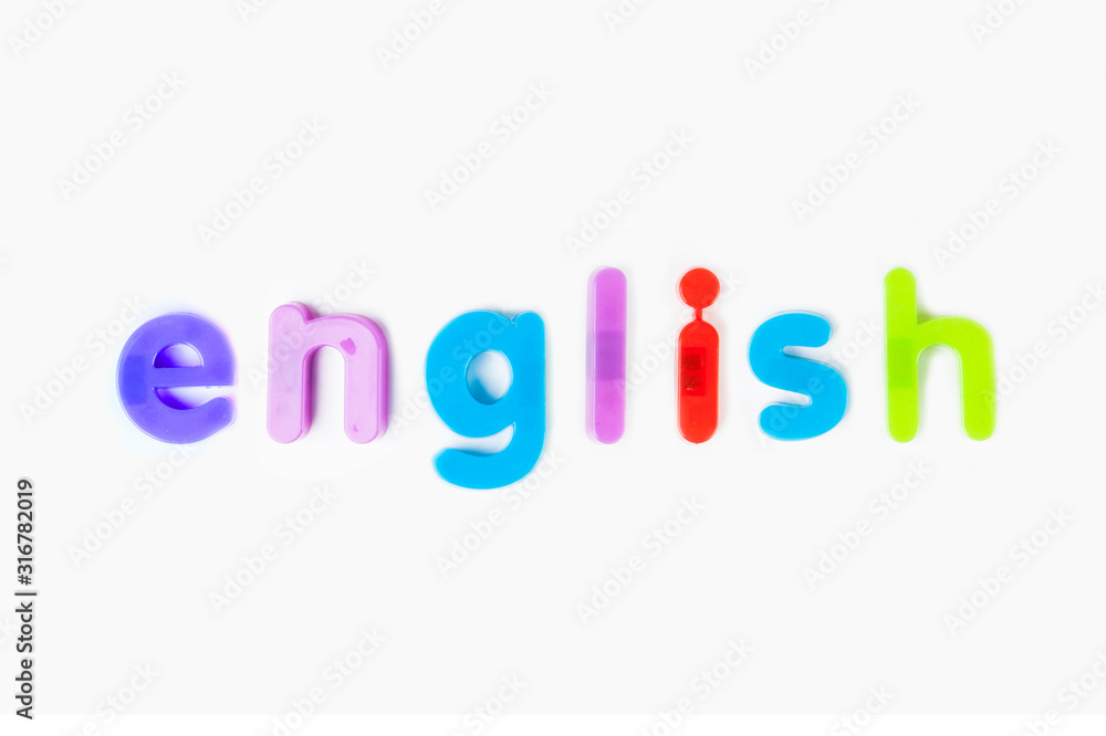 Alphabet magnets spelling 'English' over white background Alphabet magnets spelling 'English' over white background