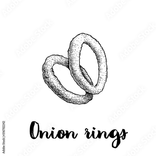 Onion rings sketch. Hand drawn fried snack. Street fast food vector illustration. Isolated on white background.