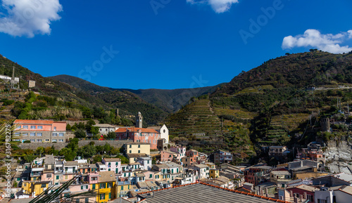 Cinque Terre Nature Reserve and small towns with vibrant colorful houses in La Spezia, Italy © Alex