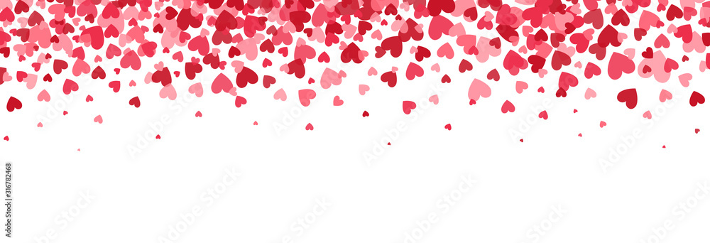 Heart border. Bright hearts confetti falling on white background. Valentines Day banner for greeting cards, wedding invitation, gift packages. Vector illustration