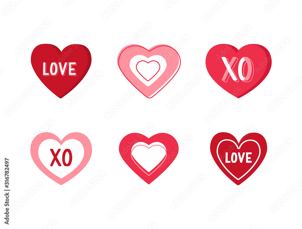 Heart label, tag, sticker set. Color hearts with hand drawn lettering and different ornaments. Paper sticker in heart shape. Love icon. Romantic design elements. Vector illustration