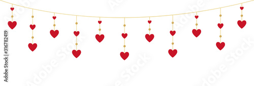 Heart red garland on white background. Valentines Day border. Romantic design with hanging hearts. Holiday texture for greeting card, wedding invitations, posters, flyers. Vector illustration