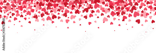 Heart border. Bright hearts confetti falling on white background. Valentines Day banner for greeting cards, wedding invitation, gift packages. Vector illustration