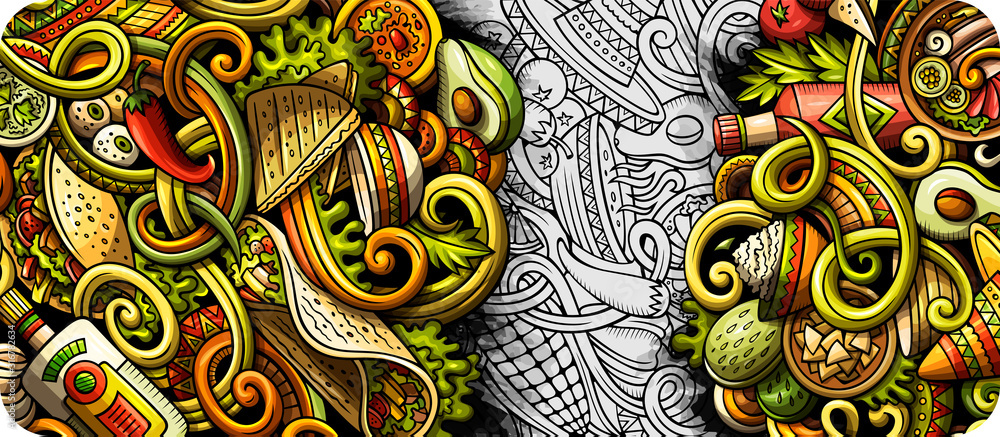 Mexican food hand drawn doodle banner. Cartoon detailed flyer. Mexican food hand drawn doodle banner. Cartoon detailed flyer.