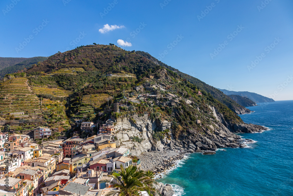 Cinque Terre Nature Reserve and small towns with vibrant colorful houses in La Spezia, Italy