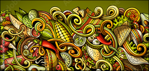 Mexican food hand drawn doodle banner. Cartoon detailed flyer.