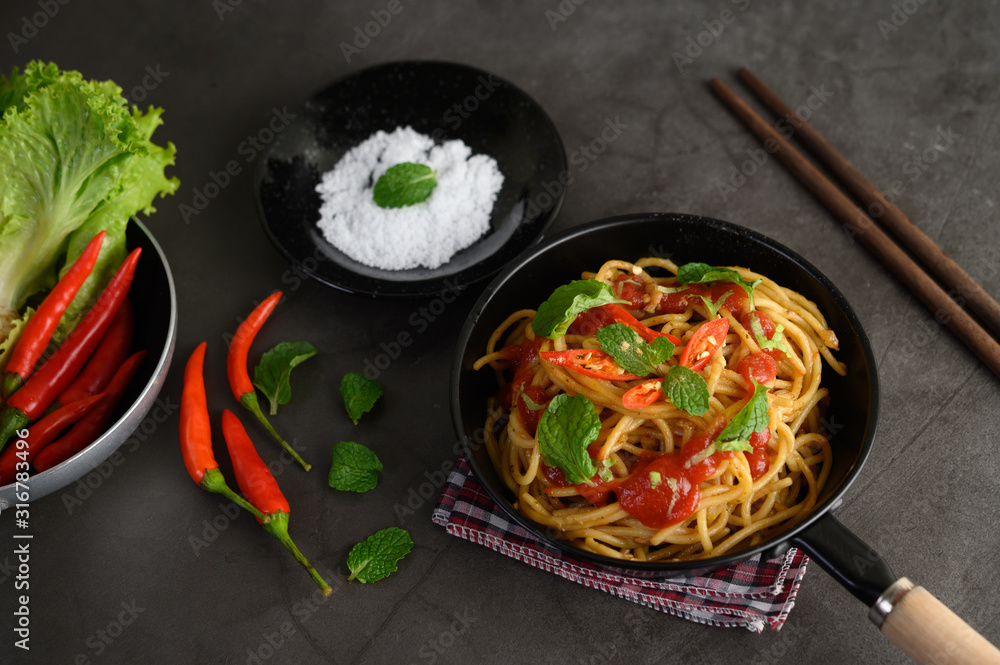 appetizing cooked spaghetti italian pasta with tomato sauce