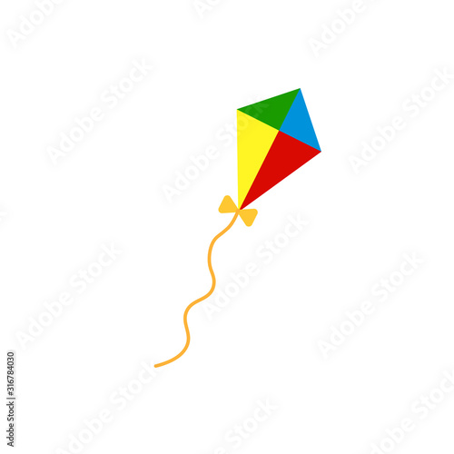 Kite vecor illustration. Flat kite icon. Red kite isolated on white background. Wind. Freedom concept.