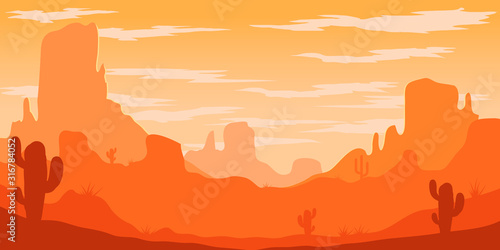 Desert landscape with cactuses and mountains in cartoon style. Design element for poster, card, banner, flyer.