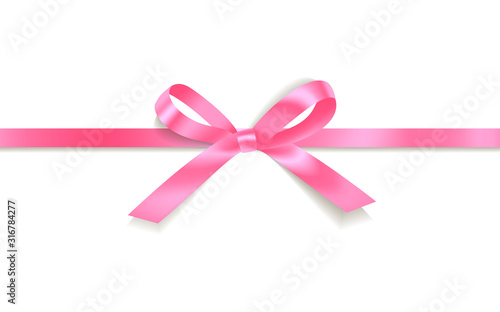 pink satin bows with horizontal ribbon isolated on white background. Vector holiday decoration.