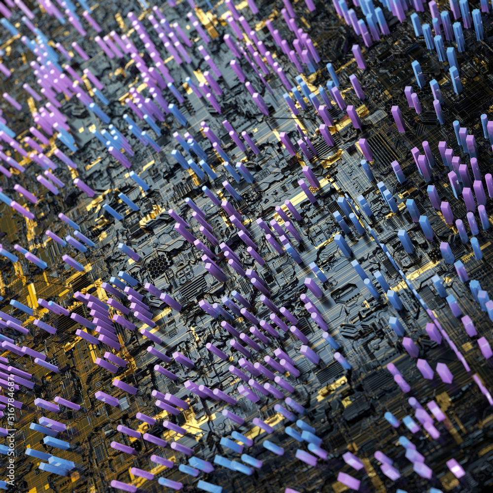 Obraz premium Circuit board futuristic server code processing. Multicolor technology background. 3d rendering