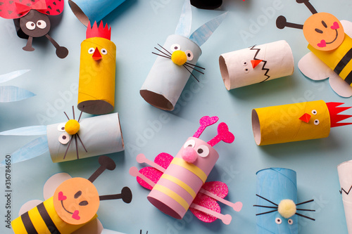 Photography Happy easter kindergarten decoration concept - rabbit, chicken, egg, bee from toilet paper roll tube