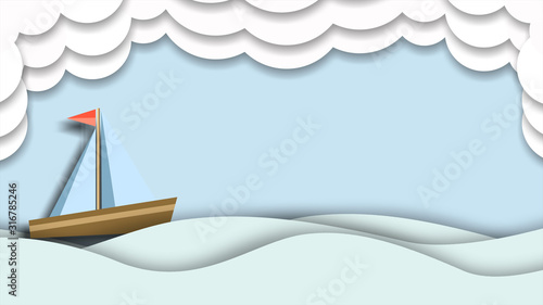 Paper boat swimming in the ocean waves, folding origami toy boat, floating paper in the ocean with beautiful ocean scenery with clouds in the sky.