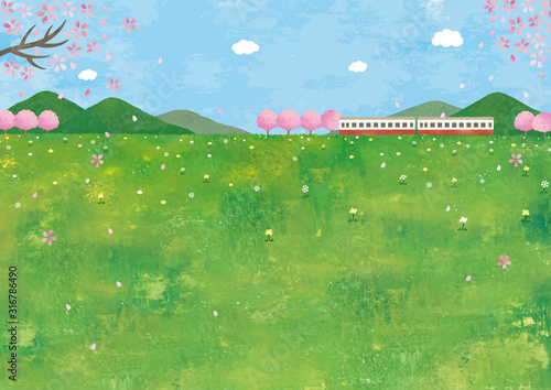桜と電車と草原の水彩の景色