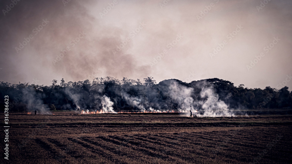 Air quality caused . Agricultural Burning in rural area of Thailand . Farmers burn their fields
