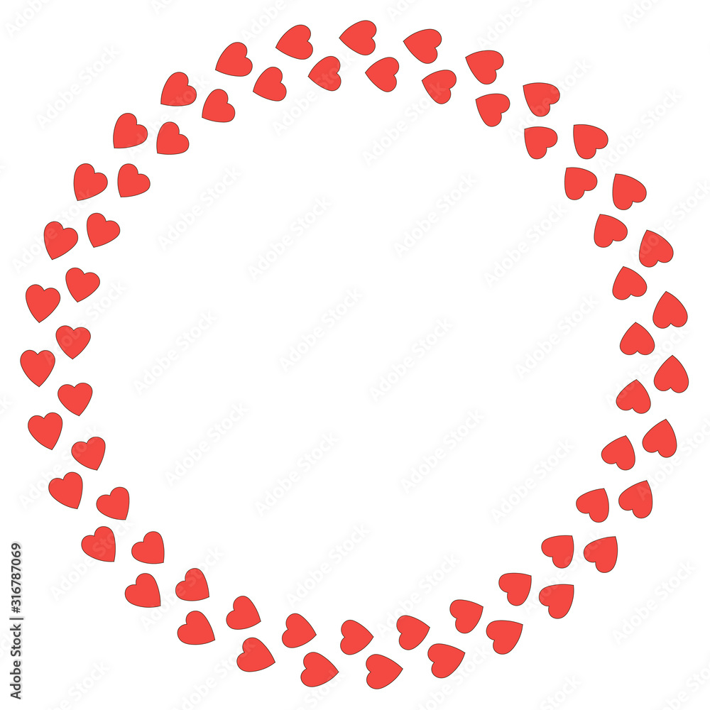Round frame of horizontal vector red hearts on white background. Inspirations by love. Isolated frame for your design.