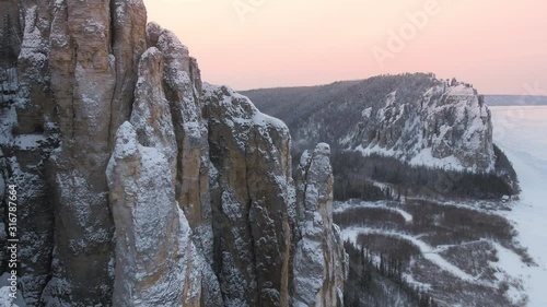 Snow-covered rocks and woods in Yakutia
