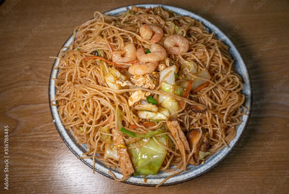 Chinese food, fried noodles with seafood