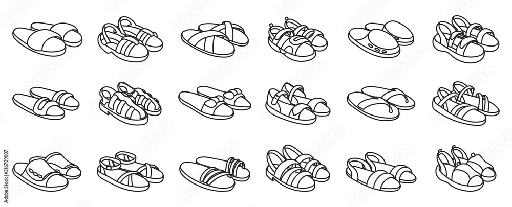 Fashion sandal vector illustration set on white background . Summer shoe of sandal line vector set icon. Isolated line icon summer footwear.