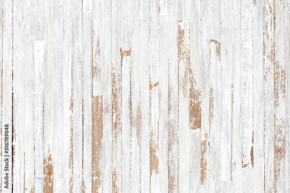 White painted wood texture seamless rusty grunge background, Scratched white  paint on planks of wood wall. Stock Photo
