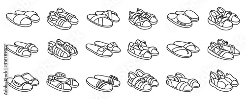 Fashion sandal vector illustration set on white background . Summer shoe of sandal line vector set icon. Isolated line icon summer footwear.