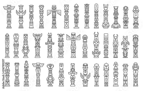 Totem vector line set icon. Vector illustration set tribal mask. Isolated line icon traditional totem on white background . photo