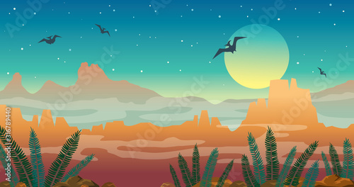 Prehistoric nature - fern, mountains and pterodactyls.