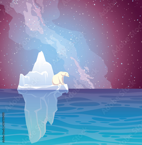 Polar bear, iceberg, sea and nothern lights.