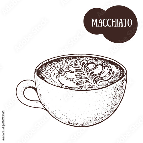 Macchiato coffee mug sketch. Hand drawn illustration. Engraved vector illustration. Macchiato cup.