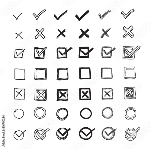Checkmarks and checkboxes hand drawn in a doodled style on lined notebook paper. Checklist and examination marks set