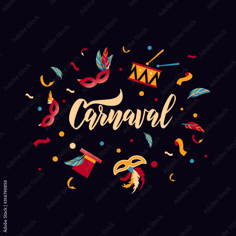 Obraz premium Carnaval hand lettering text as banner, card, logo, icon, invitation template. Vector illustration with colorful party elements.
